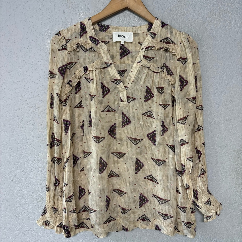 ba&sh Cream Blouse with Purple Geometric Print